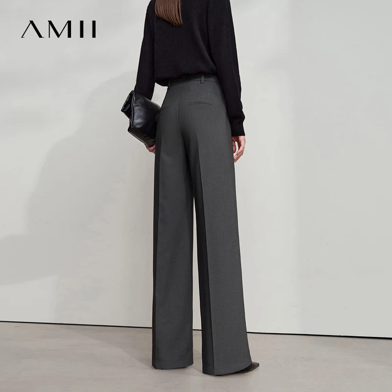 AMII 2025 الخريف بنطال ذو قصة أرجل واسعة بساطتها الصلبة أنيقة مكتب سيدة سليم السراويل الطويلة عادية فضفاض الأعمال بنطلون 12543034