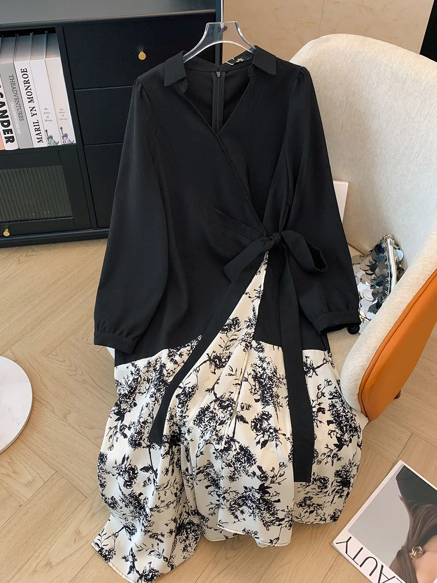 150Kg Plus Size Women's Bust 150 Autumn Ink Painting Fake Two-Piece Spliced Waist Cinching Dress Black 5XL 6XL 7XL 8XL 9XL