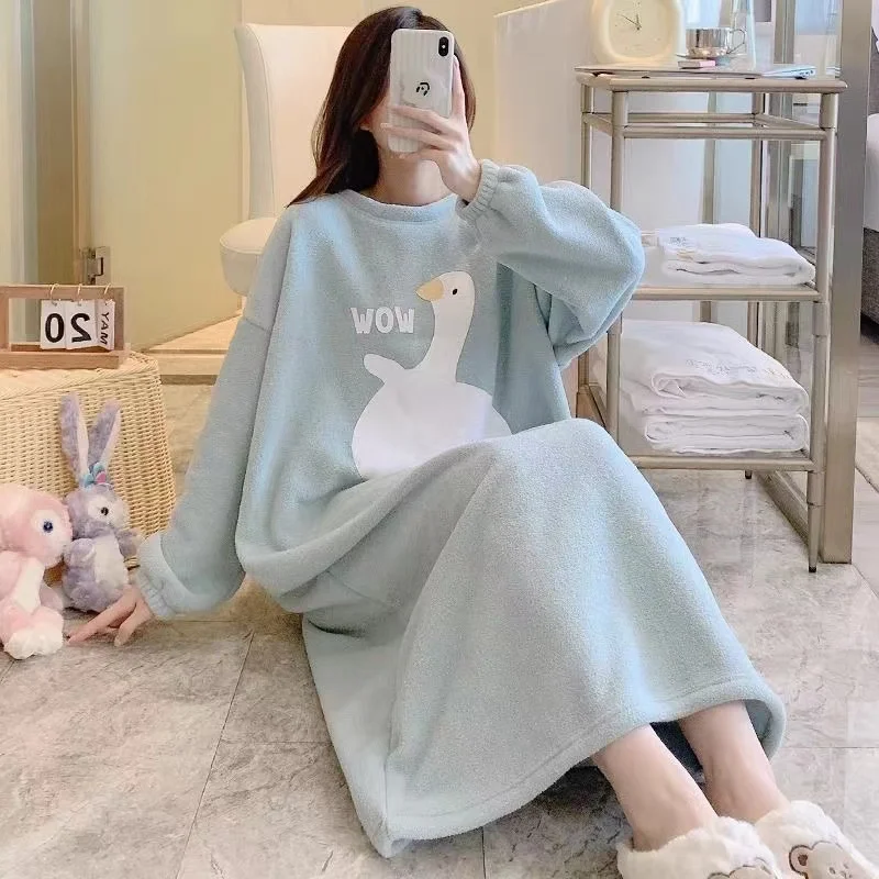 

150kg New Women Autumn Winter Loose Fleece Long-Sleeve Pajama Sleeping Dresses Fat Female Clothing Oversize Add Large Size Dress