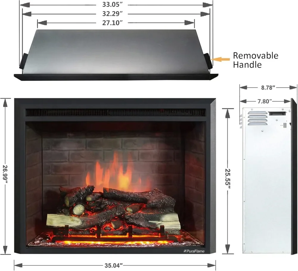 Electric Fireplace Insert with Remote Control, Realistic Flame & Crackling Sound, 750/1500W, Black, 33