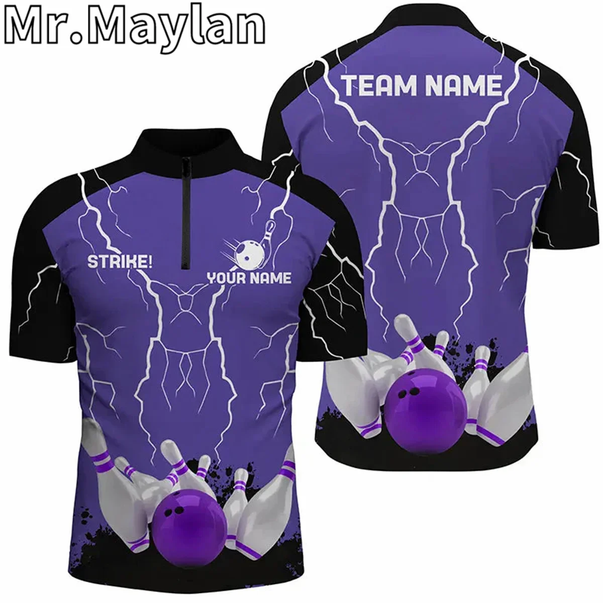 3D Men's Purple Bowling Quarter Zip Polo Shirts Custom Bowling Strike Lightning Storm Team League Jersey Gift for Bowling Lovers