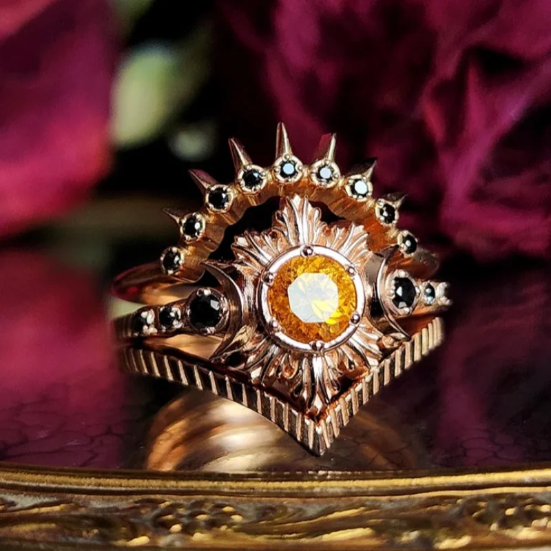 European and American new retro sunflower shape personalized fashion versatile women's three-piece ring