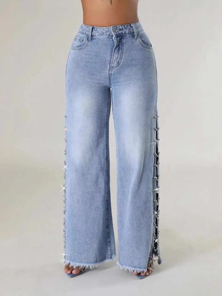 

BWQ женские прямые джинсовые брюки со стразами и открытой стороной, широкие прямые джинсовые брюки 2025, уличная мода, синие широкие джинсы, брюки