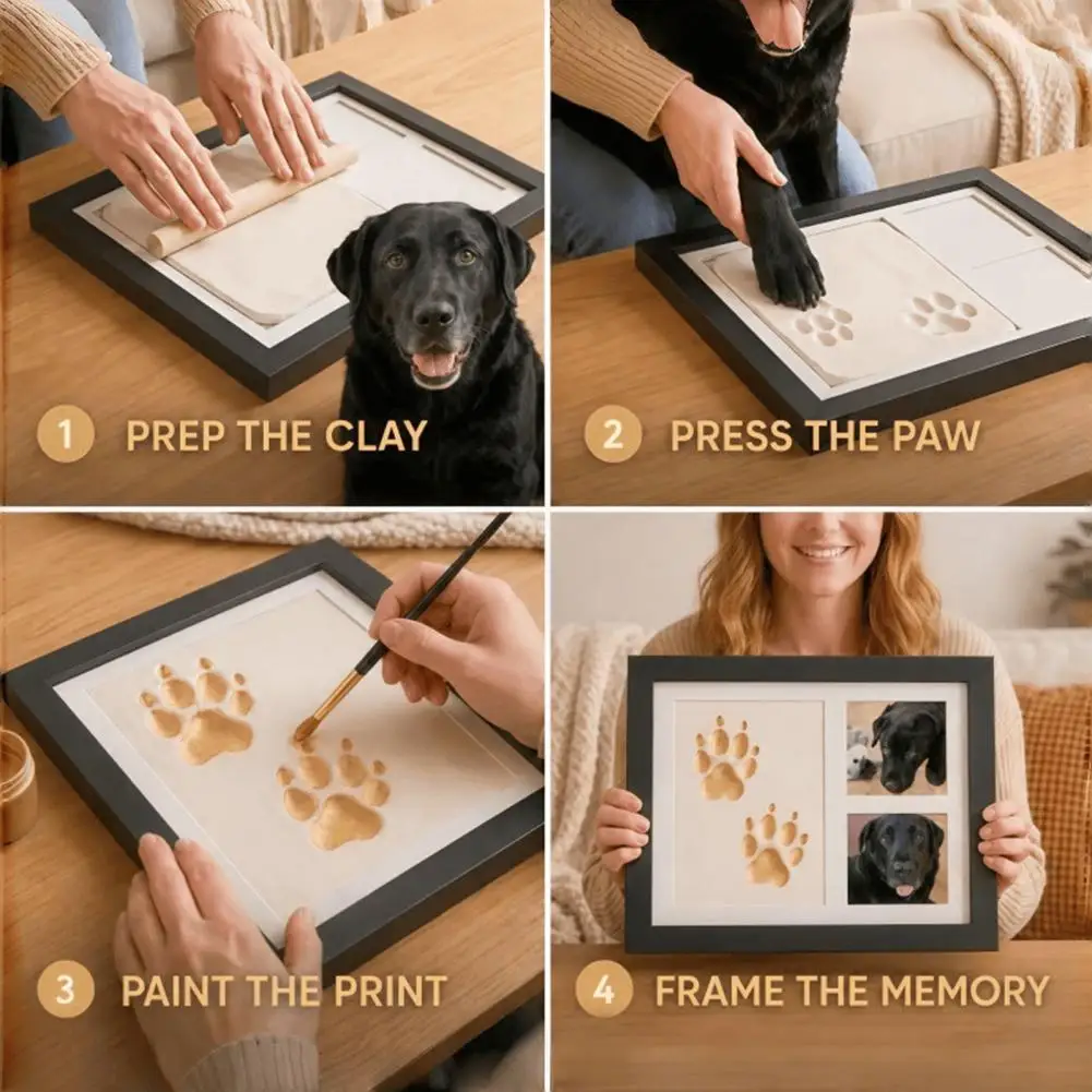 Pet Paw Print Kit Pet Farewell Gift Pet Paw Print Frame Kit with Clay Picture Frame 7 Color Paints Baby Hand for Newborns