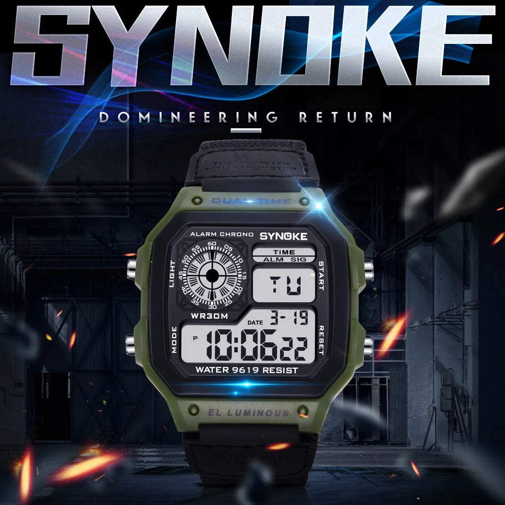 SYNOKE Nylon Canvas Strap Retro Digital Watch Luminous And Waterproof Sports Men Square Classic Student Outdoors Military Watch