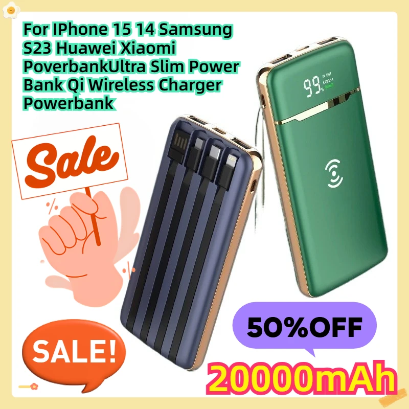 

For IPhone 15 14 Samsung S23 Huawei Xiaomi PoverbankUltra Slim Power Bank Qi Wireless Charger Powerbank 20000mAh