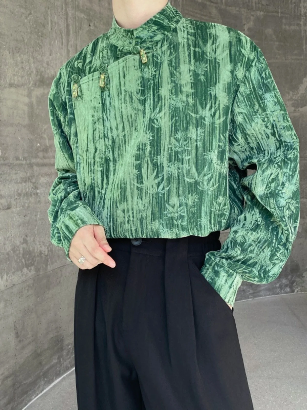 

Velvet Men's irt with Button Design Crumpled Stand Collar Bamboo Le Pattern All Seasons Long Sve Traditional Chinese S...