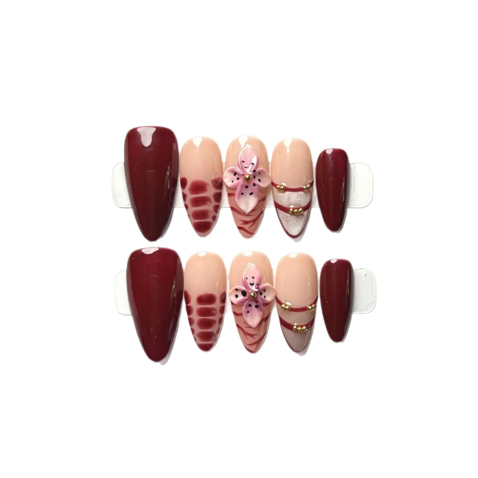 10pcs Handmade Almond Press On Nails Wine Red Grid 3D Carving Flower Design Sweet Cool Fake Nails Wearable Nails Art Tips Girls