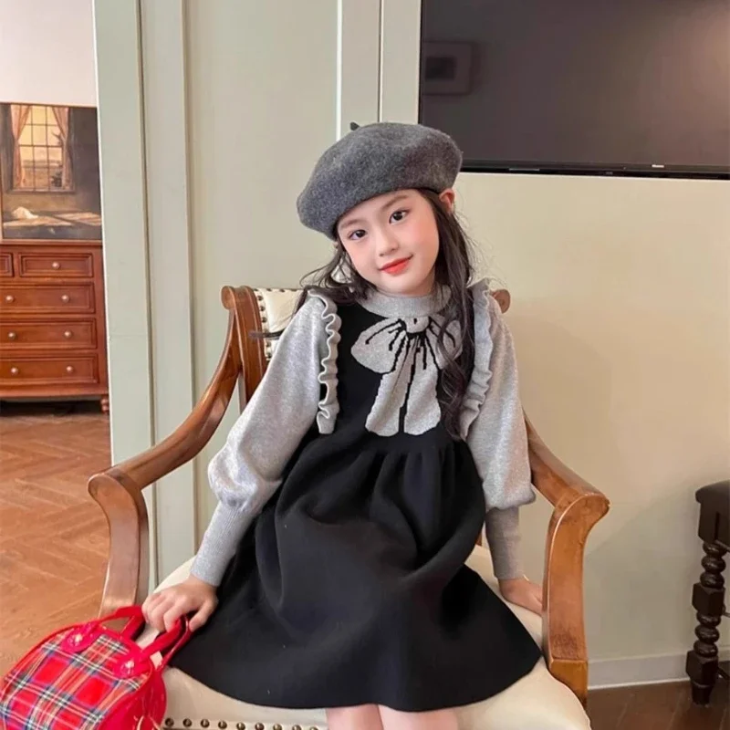 2026 Autumn Winter Girls Knitted Dress Korean Style Bow Knot Princess Dress Toddler Baby Clothing