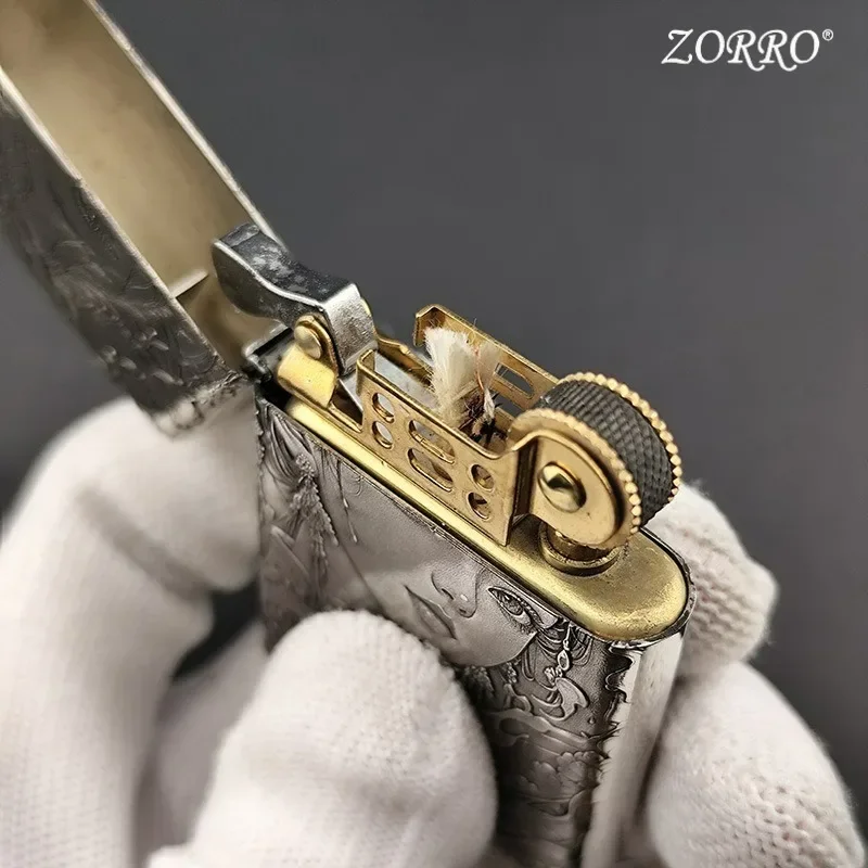 ZORRO 790 White Copper Relief Kerosen Lighters Smoking Third Generation Silver Shell Brass Gall, Collection Gift, Gift for Men