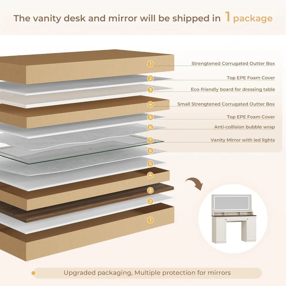 مكتب مكياج مضيء مقاس 46.5 بوصة مع مرآة وأدراج تخزين وخزائن وأضواء LED بثلاثة ألوان