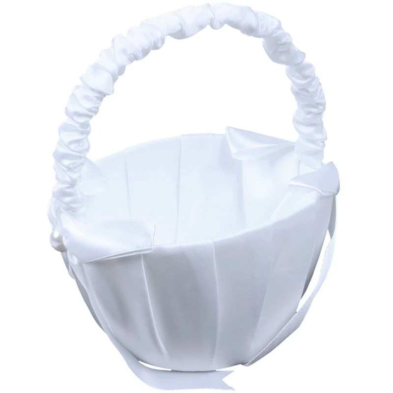 NEW-4X White Satin Beaded Wedding Flower Girl Basket Bowknot Decor
