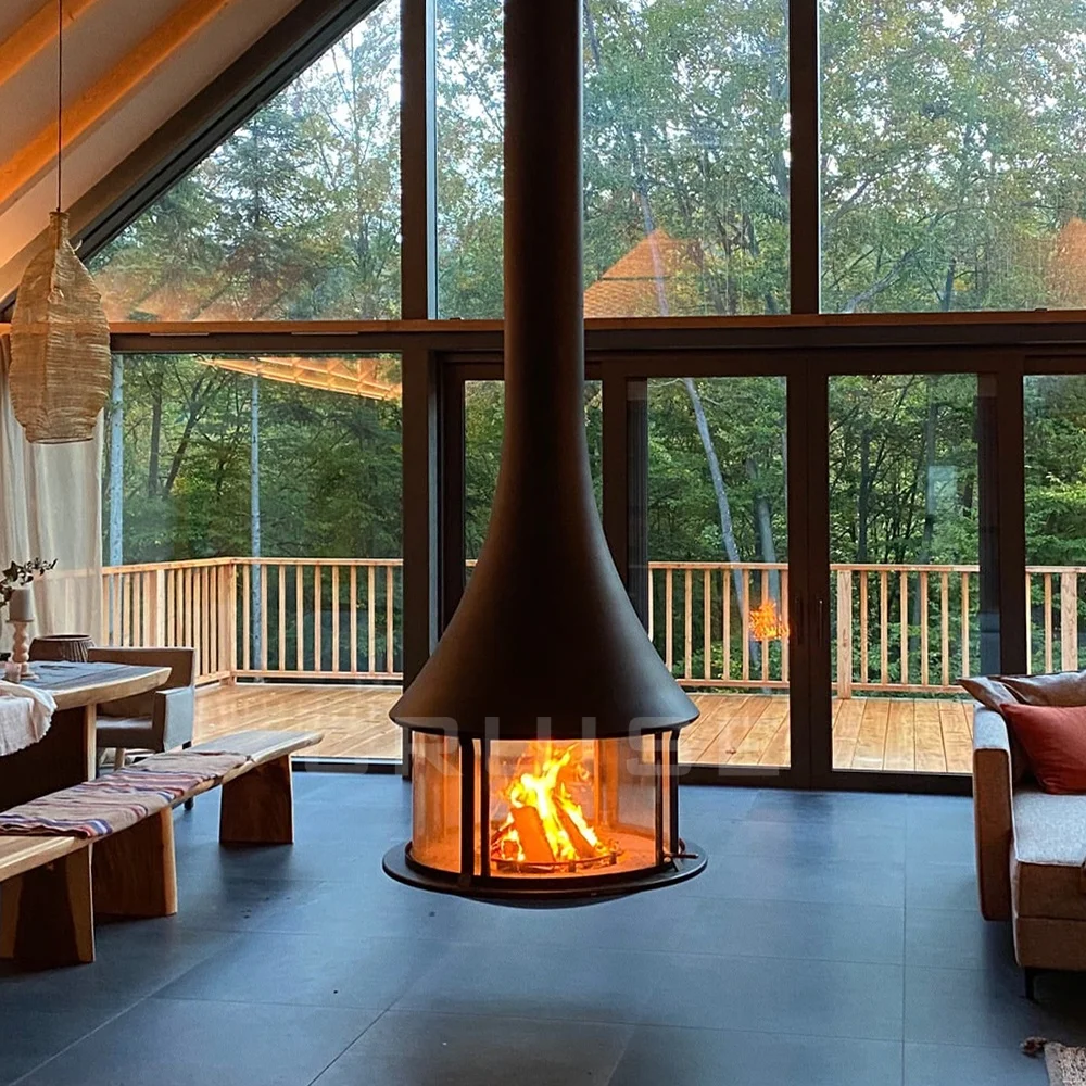 CRUISE Warming Transparent Glass Floating Stove 900mm Suspended Hanging Wood Burning Fireplace Iron Plate With 1000mm Diameter