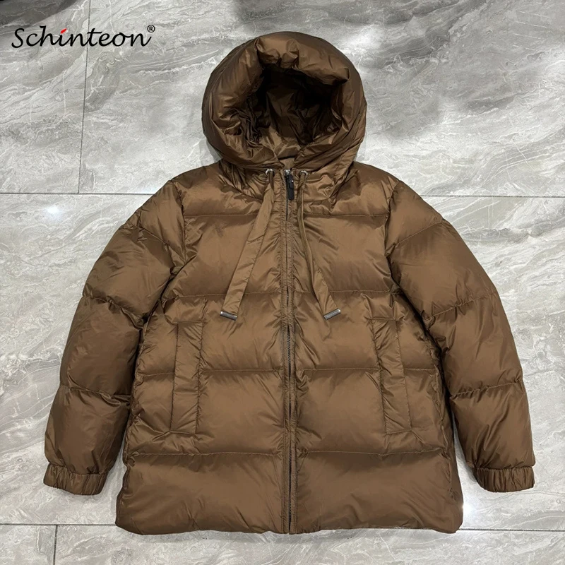 Schinteon jaqueta feminina casual outono inverno outwear com capuz grosso quente pato branco para baixo casaco luxuoso 2025 novo