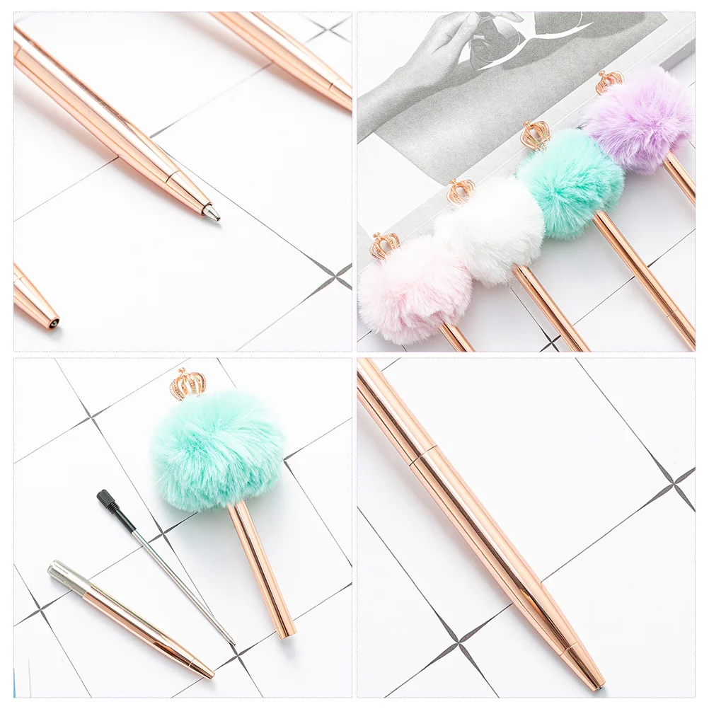 4 Pcs Assorted Ballpoint Pens Crown Hair The Office Gifts Plush Balls Luxury Alloy Fluffy