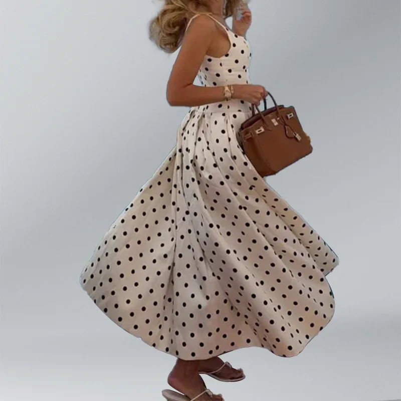 

Summer Polka Dot Maxi Dresses Women Elegant Square Neck Hem Long Gowns Chic Dress Korean Lady Sleeveless High Waist Zip Up Robes