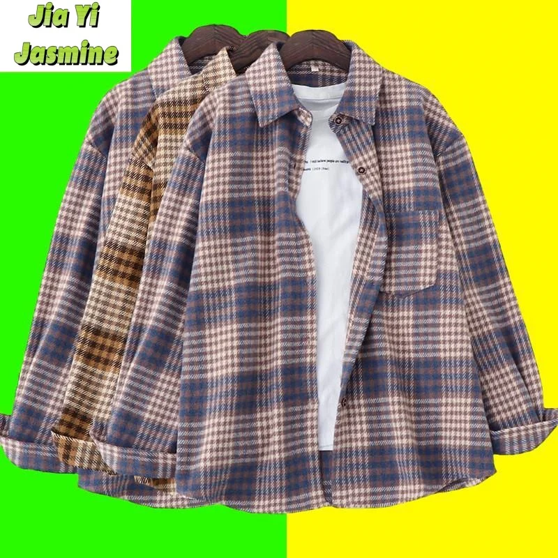 

Spring and Autumn New Women's Loose Korean Edition Slimming and Thickened Brushed Plaid Shirt Retro Art Coat