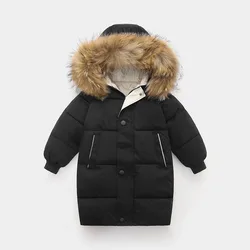 Abrigo de plumón grueso y cálido para niños, Parkas largas con capucha de piel Real, chaquetas de algodón para niñas, prendas de vestir exteriores, ropa para niños y adolescentes, Invierno