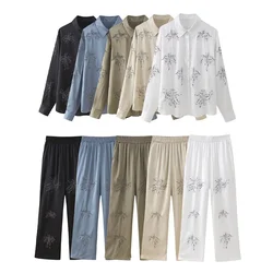 Taop&Za 2024 Summer New Product Women's Fashion Casual Flip Collar Beaded Embroidered Shirt High Waist Embroidered Pants Set