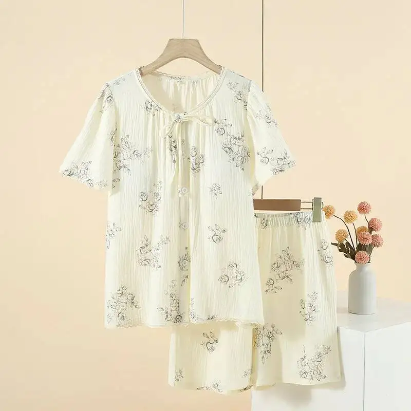 

Женский хлопковый пижамный комплект с цветочным принтом на лето, тонкие шорты с круглым вырезом и короткими рукавами, кавайная одежда