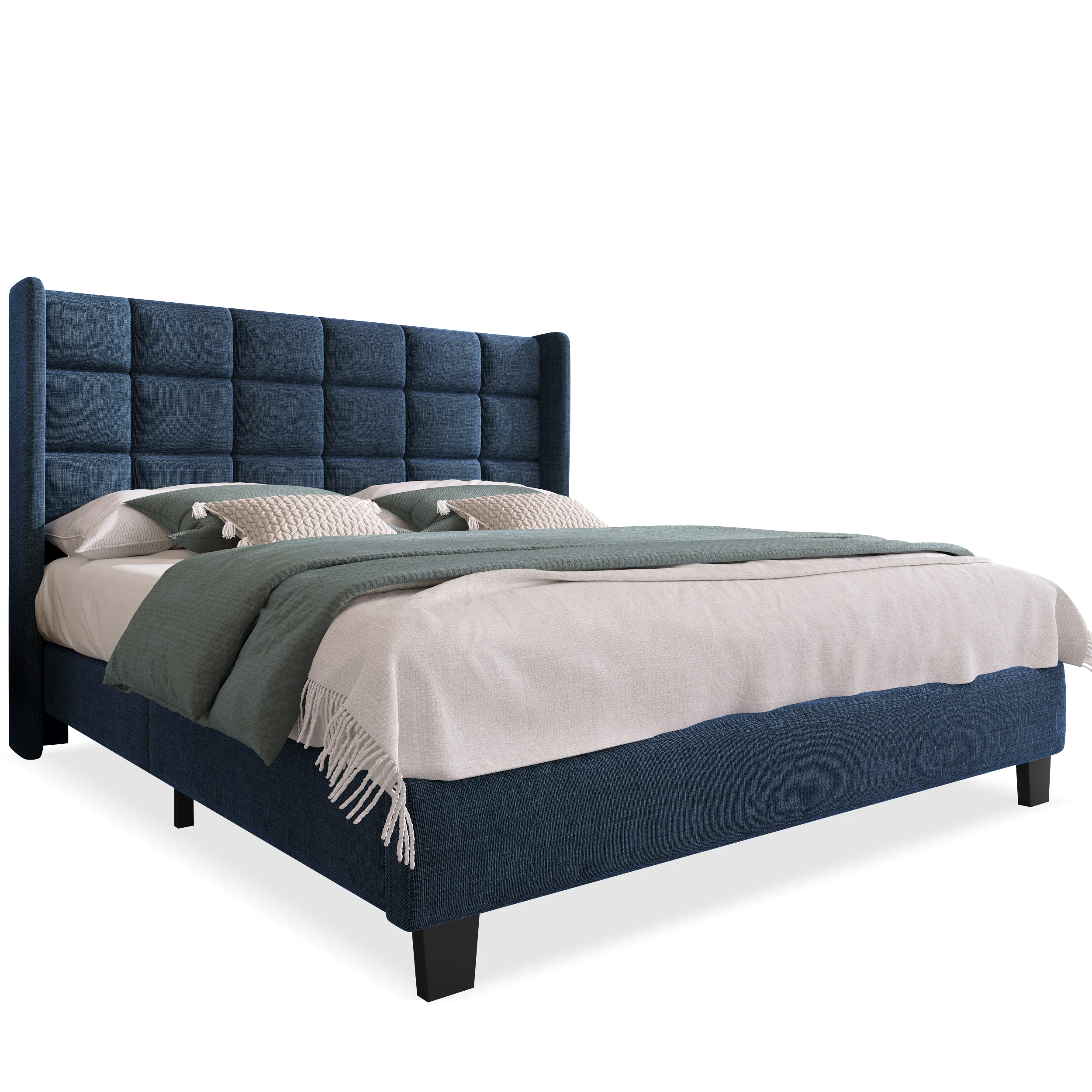 Lit double 140x200 cm adulte capitoné avec sommier à lattes, Lin, bleu, sans matelas