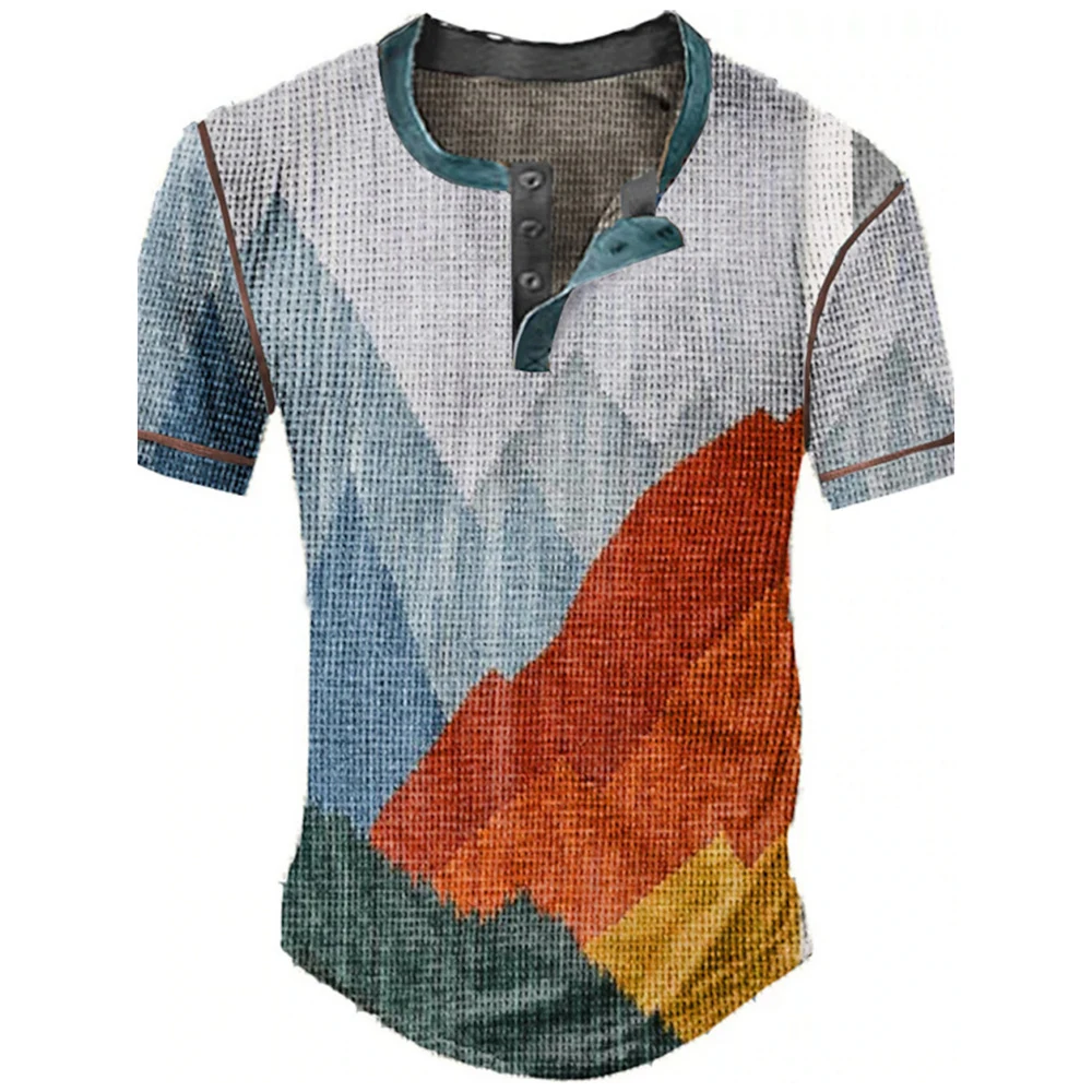 Farbblock-Patchwork Grafik 3D-Druck Henley-Shirts Herren Vintage Mode Übergroße Kurzarm T-Shirts Männer Oberteile Kleidung – Detail 17