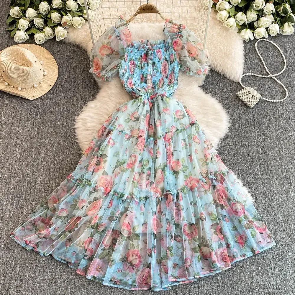 Broken Flower Women 2024 Vestidos Square Collar Dresses New Sweet Gentle Dress Temperament Vestido Femininos Pleated Clothing