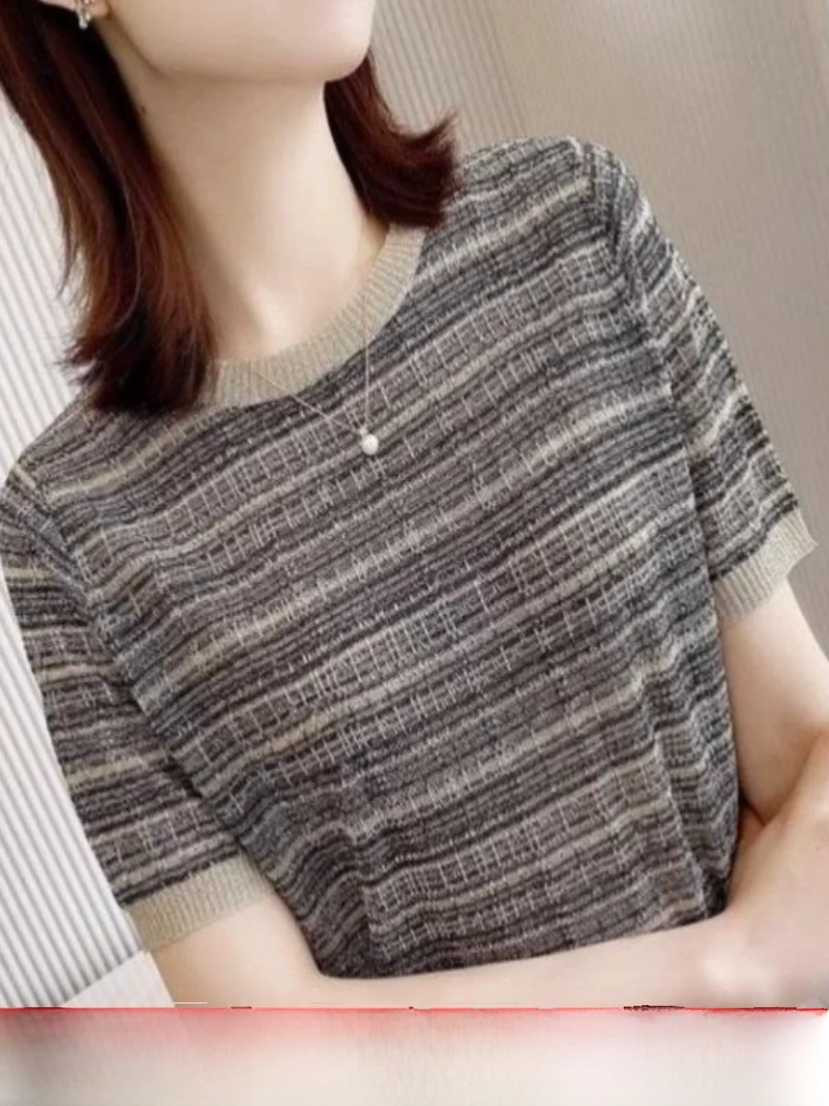 

Женская трикотажная футболка из ледяного шелка ort Sve round Ne, цветной низкий круглый пуловер Ne ort Length Top