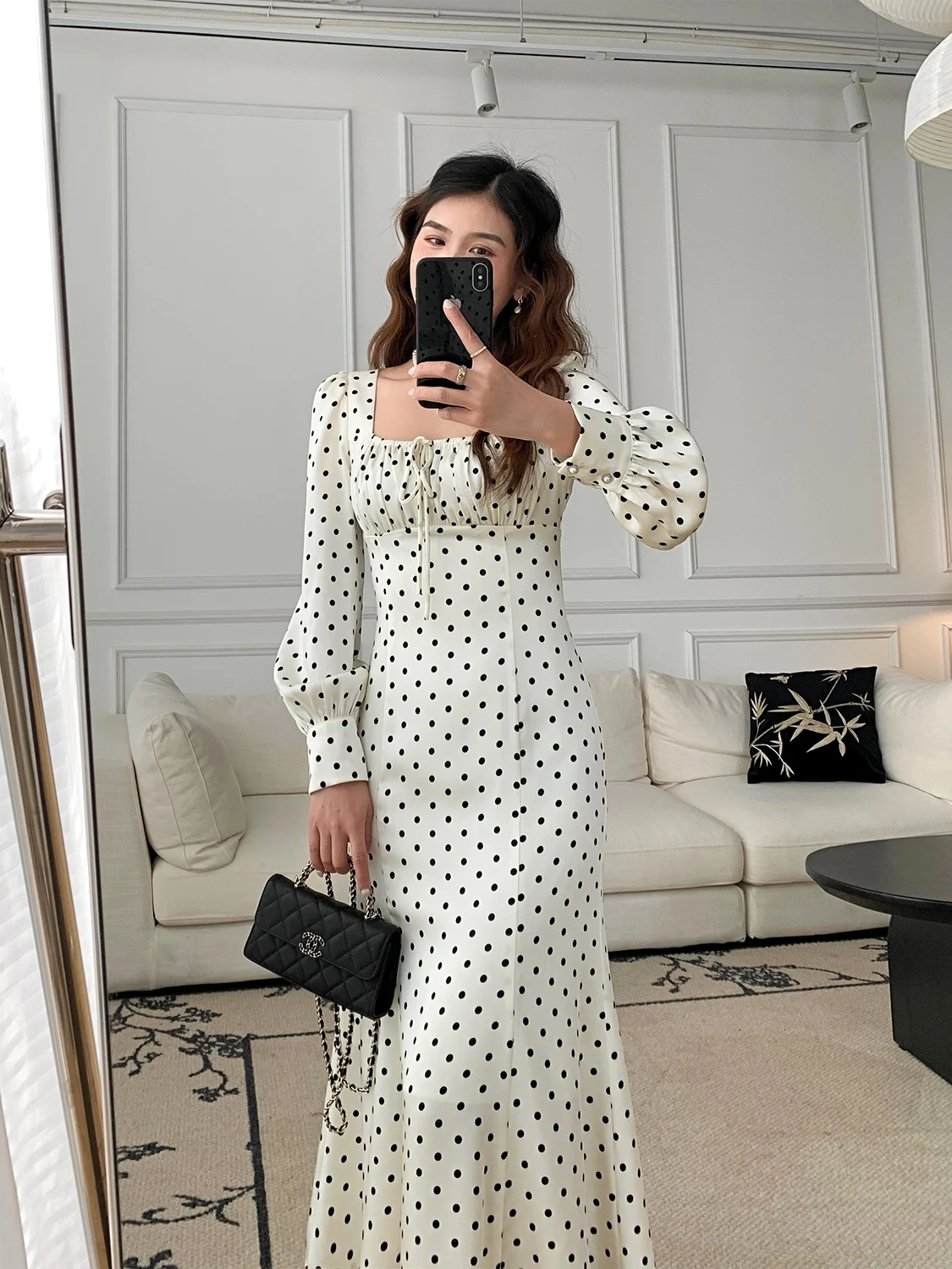 

Женское платье HESIHUA в горошек, весна-лето, новое, винтажное, приталенное, миди, с длинным рукавом, квадратный вырез