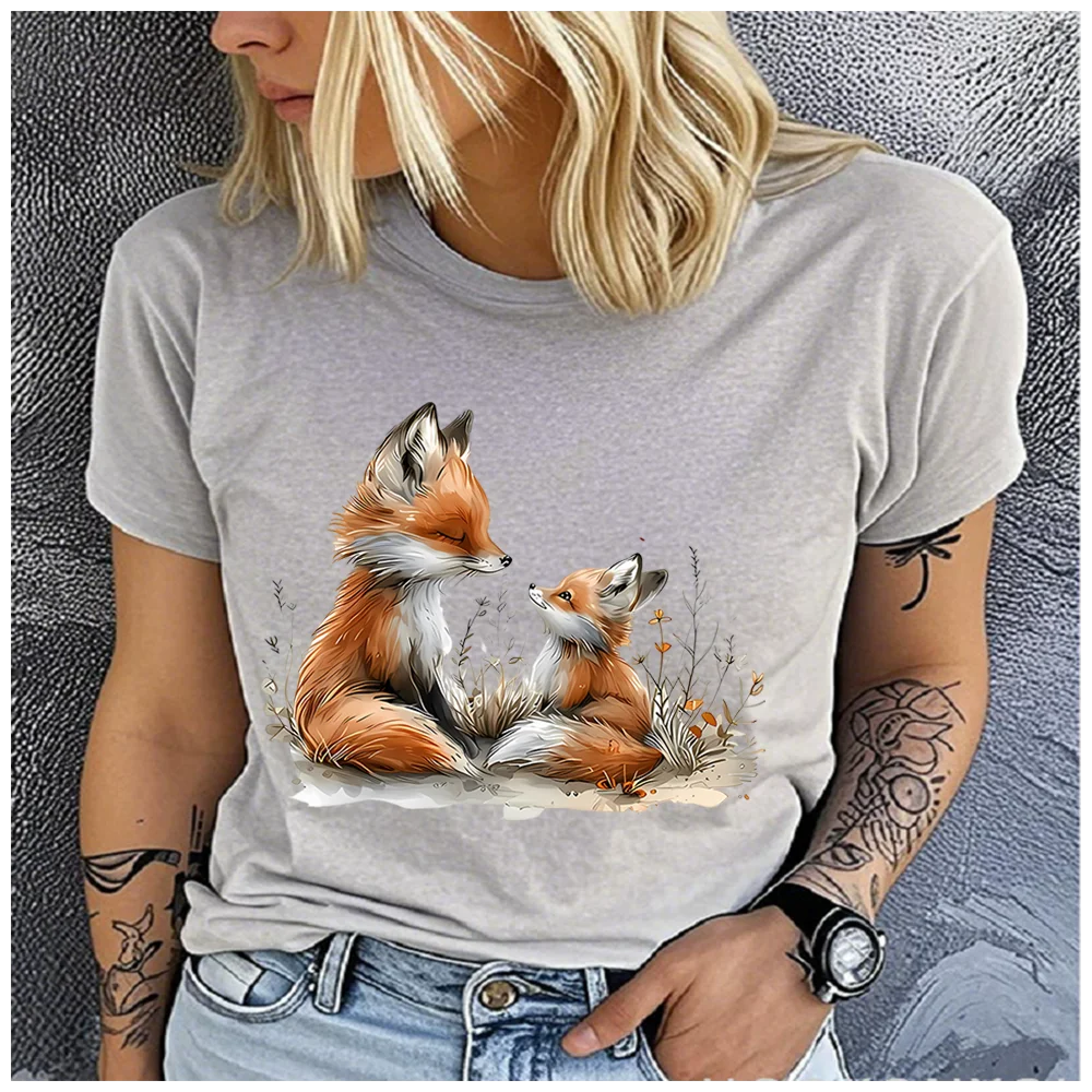 men Women's Cotton 100% Parental Fox Print T-shirt Loose round Neck Casual Short Sleeve Fashion Top  Clothing Summer