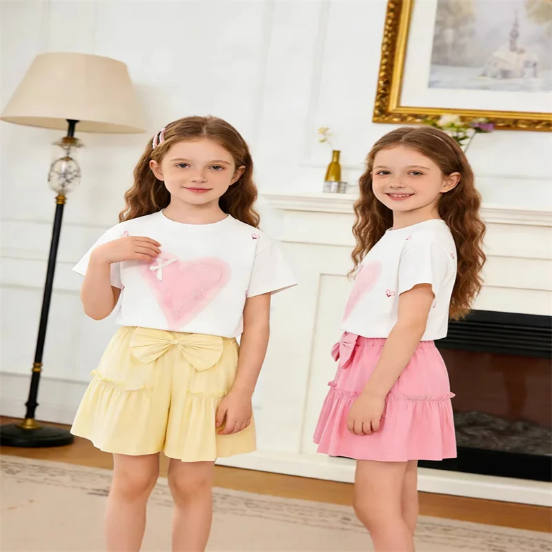 Girls Short-Sleeve Top + Shorts Set Kids Summer Suit 2026 New Arrival Older Baby Featuring Bow-Tie Skirt-Pants 2Pc Outfits 1