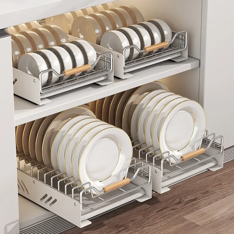 Stainless Steel Dish Storage Rack Kitchen Cabinet Drain Rack Under Sink Large Capacity Integrated Storage Pull Out Dish Rack