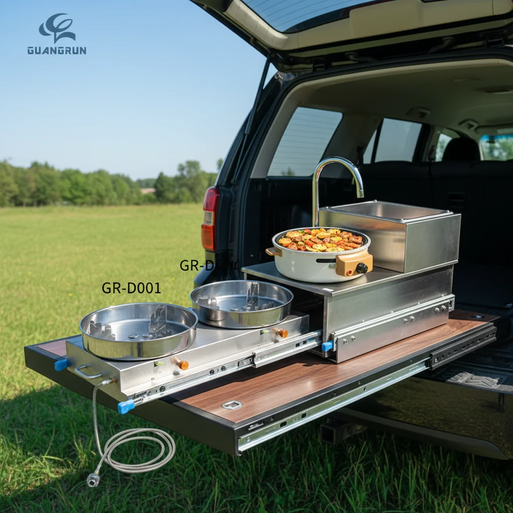 Portable Motorhome RV Stainless Steel Pull Out Gas Stove Burner Cooker with Integrated Sink and Faucet for Camping Caravan Use