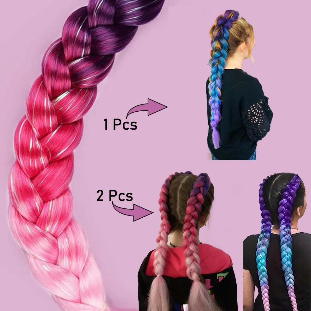 Colored Hair Extensions Synthetic Ombre Braid Ponytail Blend Hair Tinsel with Tie 26 “for Women＆Girls Festival Hair Accessories