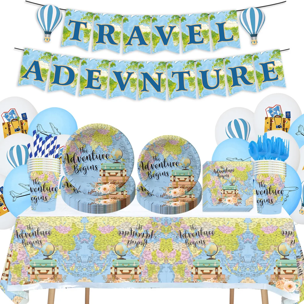 World Themed Travel Decoration Set Birthday Party Cutlery Paper Plate Tissue Tablecloth Party Supplies