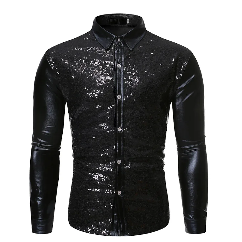 Men's Sequin Stitching Dance Shirt Gold Embroidery Patchwork Dancewear Slim Fit Long Sleeve Youthful Popular Polyester Shirt