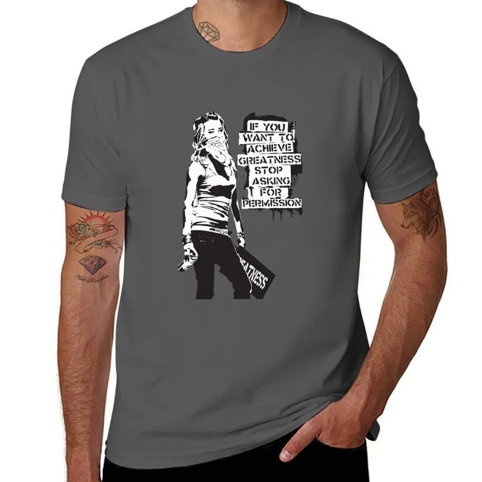 

Banksy quote graffiti If You Want to Achieve Greatness stop asking for permission black and white with Banksy tag signat T-Shirt