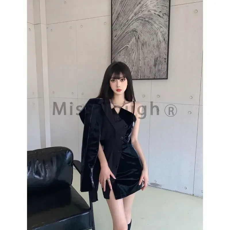 Autumn Black Designer New Two Piece Set Women Blazer Coat+vintage Strap Dress Female Korean Fashion Y2k Elegant Slim Set 2024