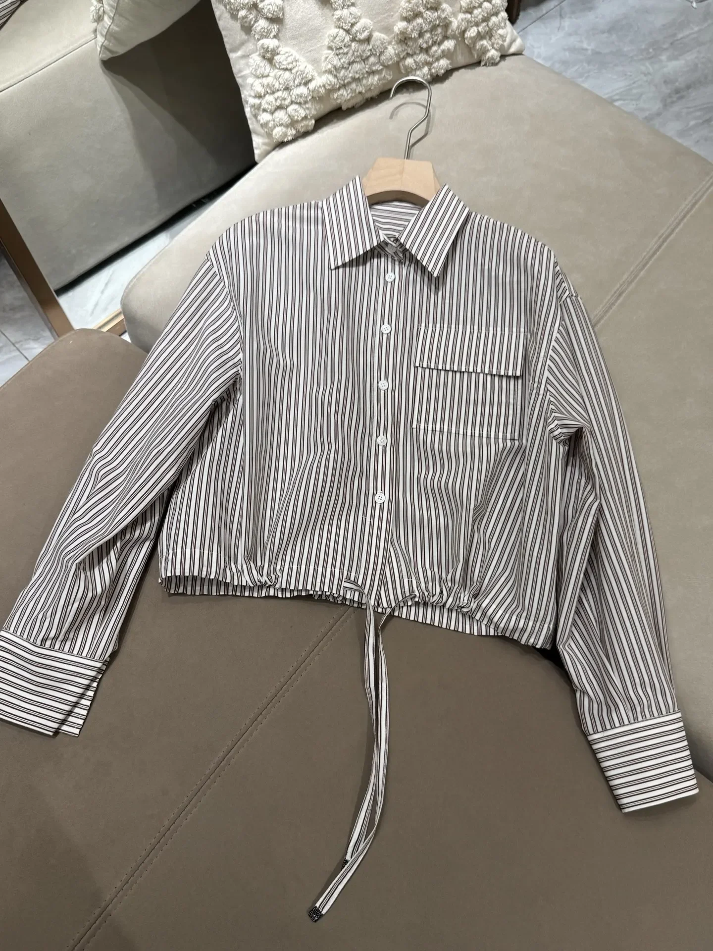 

Women Striped Cotton Silk Blend Shirt 2026 Spring Drawstring Waist Turn-down Collar Long Sleeve Single Breasted Loose Blouse
