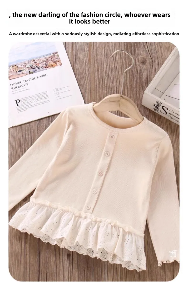 Herbst Neuheiten Mädchen T-Shirts mit Knöpfen Spitzen-Patchwork Langarm-Blusen Bequeme Oberteile für Kinder Mädchenkleidung – Detail 6