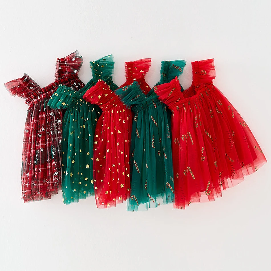 Newborn Christmas Birthday Party Star Mesh Princess Dress Toddler Carnival Festival Red Green Sequin Sling Frocks for Baby Girls