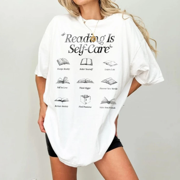 

Reading Is Self Care Mental Health T-Shirt Bookish Lovers Gift Banned Books Club Romance Tees Summer Casual Comfort Cotton Top