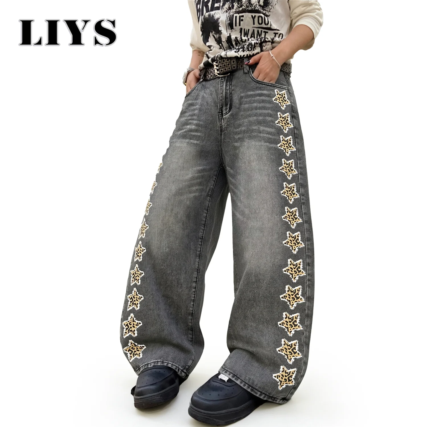 LIYS American Fashion Camouflage Pentagram Printed Jeans KoreanStyle Retro Street Trendy Baggy Wide Leg Casual Denim Pants  ﻿