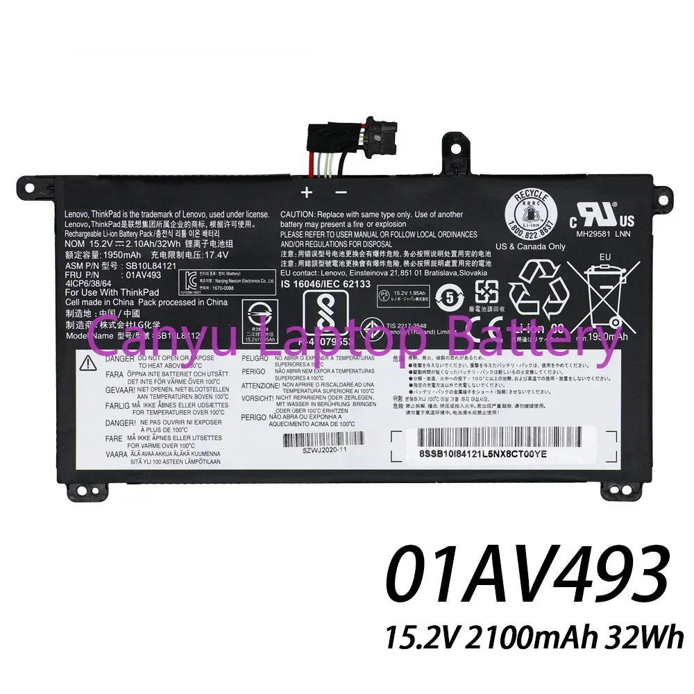 2024 01AV493 00UR890 00UR891 00UR892  Battery For Lenovo ThinkPad T570 T580 P51S P52S SB10L84121 2100mAh 32Wh 15.4V