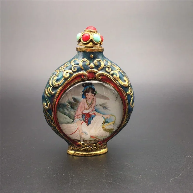 Collection Old China Cloisonne Bronze Carving Beautiful Woman Painting Snuff Bottles