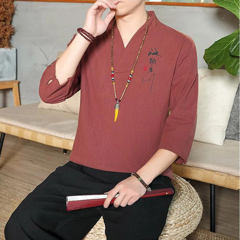 Men Vintage Chinese Style Embroidery Breathable Cotton Linen T Shirt Man Summer Casual V Neck Three Quarter Sleeve Loose Tee Top