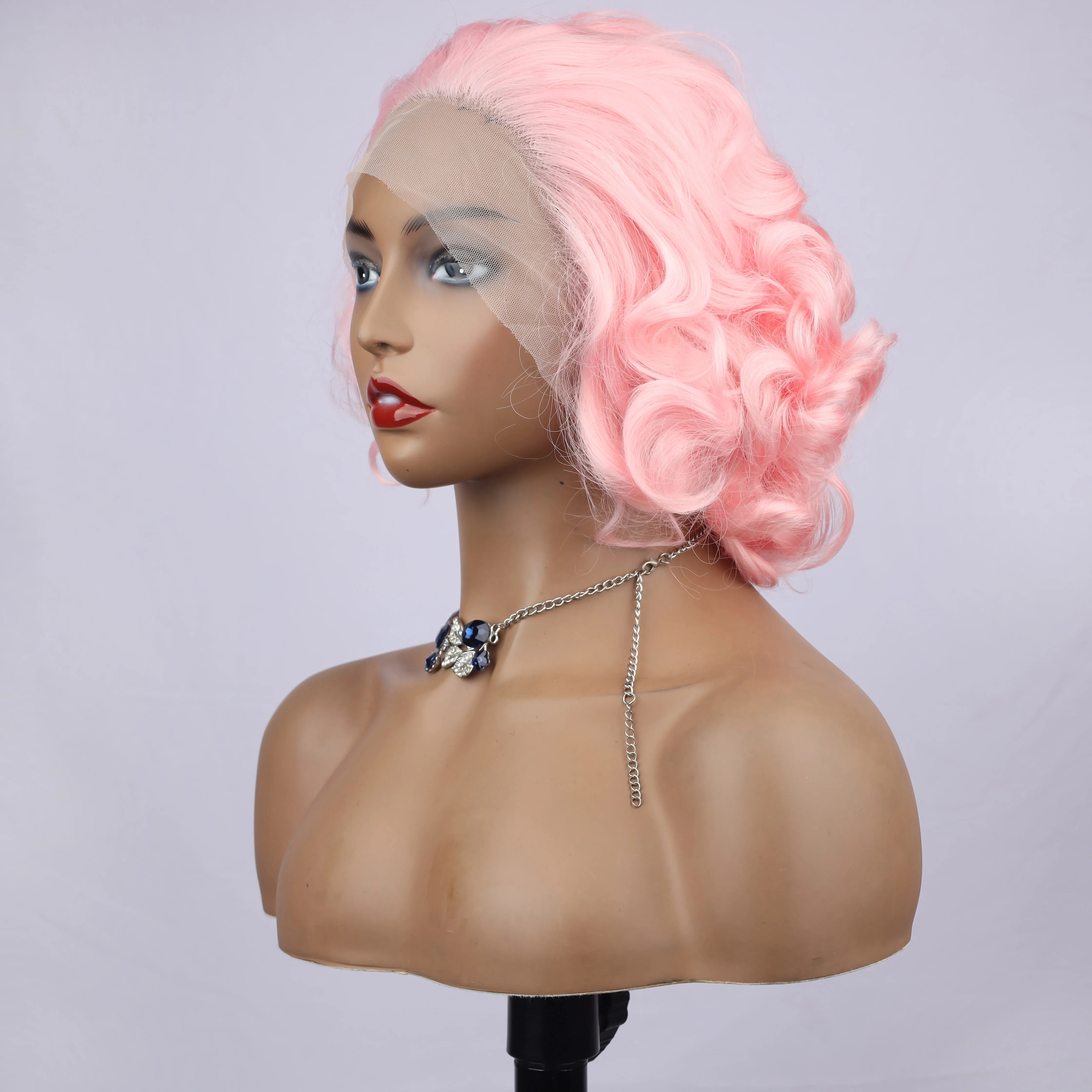 oley Fashion Curly Wig Synthetic Lace Front Wigs Pink Colorful Female Lace Wig 13X3 For Black Women Cosplay Hair Daily Use