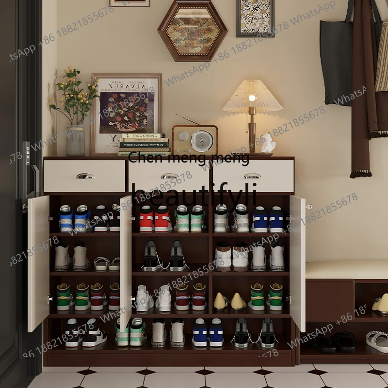 Armário de sapatos medieval, armário de armazenamento multicamadas de grande capacidade na porta do armário de varanda de madeira maciça de armazenamento doméstico