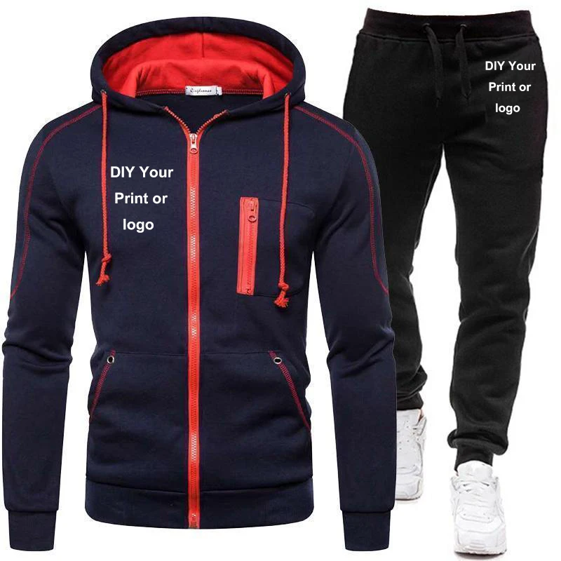 Nuovo Logo personalizzato moda uomo cerniera tute da Jogging felpa con cappuccio + pantaloni tute da corsa Set di vestiti