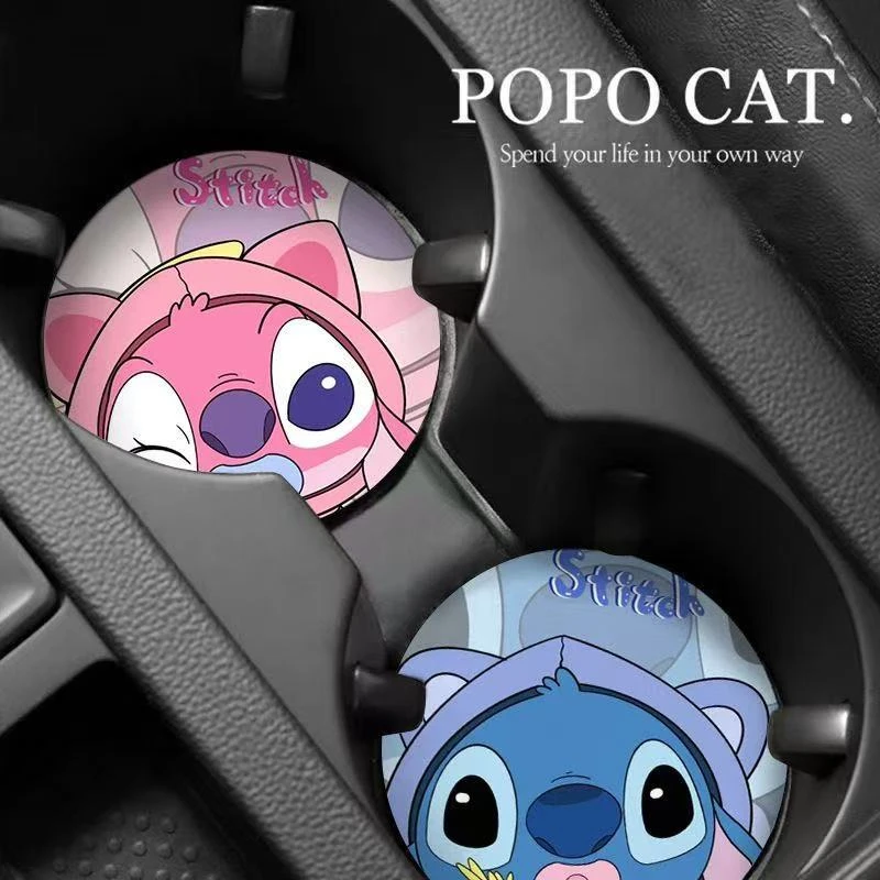 2PCS Disney Stitch Car Cup Mat Cute Cartoon Vehicle Interior Decor Soft Touch Mat Non-Slip Fashion Auto Accessories Holiday Gift